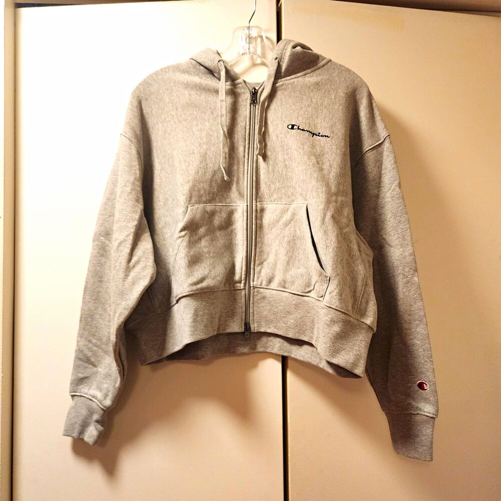 Champion Iconic Women’s Full Zip Croppee Hoodie w/ Pockets Gray Nwt Athletic Usa
